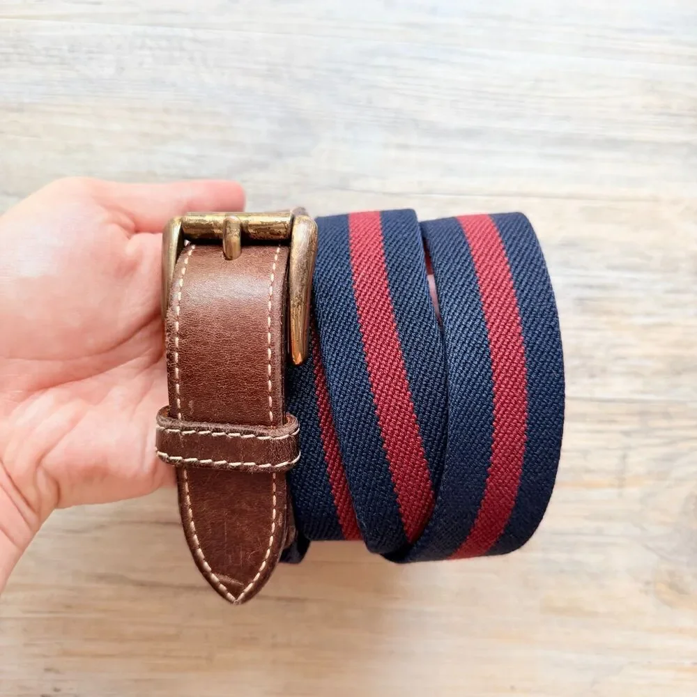 L.L.Bean Stretch Web Belt Size 40 Brown Leather Navy Red Stripe Brass Buckle